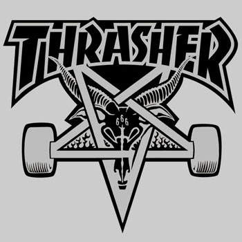 This tattoo features the pentagram logo for Thrasher magazine, a periodical 