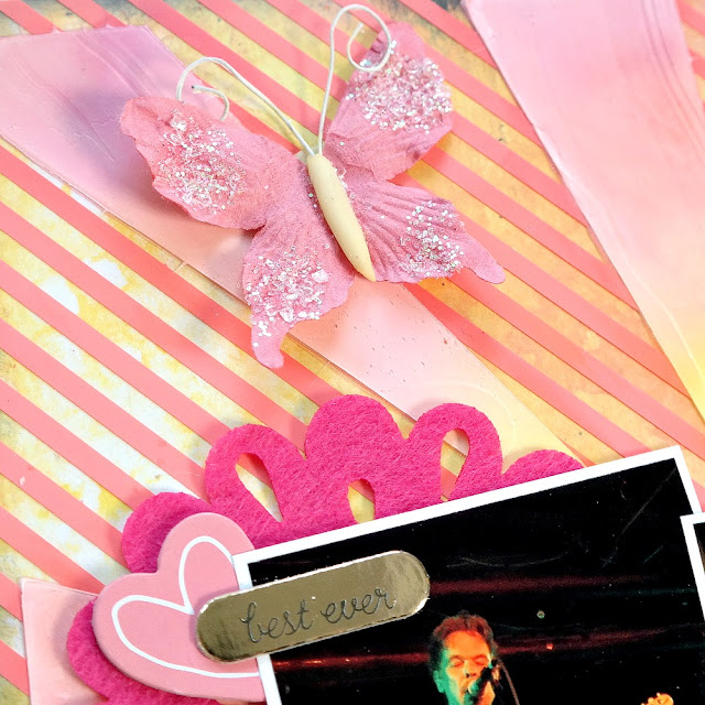 Glittered Pink Embellishments on a Sunset Colored Scrapbook Layout
