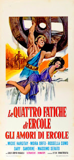 LE QUATTRO FATICHE DI ERCOLE IN GLI AMORI DI ERCOLE. Locandina: 33 x 70 cms. Italia. Imprenta: Rotolitografica, Roma. LAS AVENTURAS DE HÉRCULES. Gli amori di Ercole. 1960. Italia, Francia. Dirección: Carlo Ludovico Bragaglia. Reparto: Jayne Mansfield, Mickey Hargitay, Massimo Serato, René Dary, Moira Orfei, Gil Vidal, Tina Gloriani, Giovanna Galletti, Barbara Florian, Sergio Calò, Cesare Fantoni, Antonio Gradoli, Rossella Como.