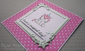 Cute pink CAS card with unicorn (image by Stamping Bella)