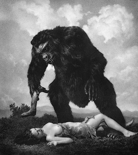 a William Mortensen pictorial photograph 1935, beauty and beast, giant ape and pretty woman