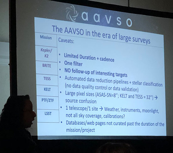 Stella explains need for AAVSO observations to support large survey projects (Source: 108th AAVSO Meeting)