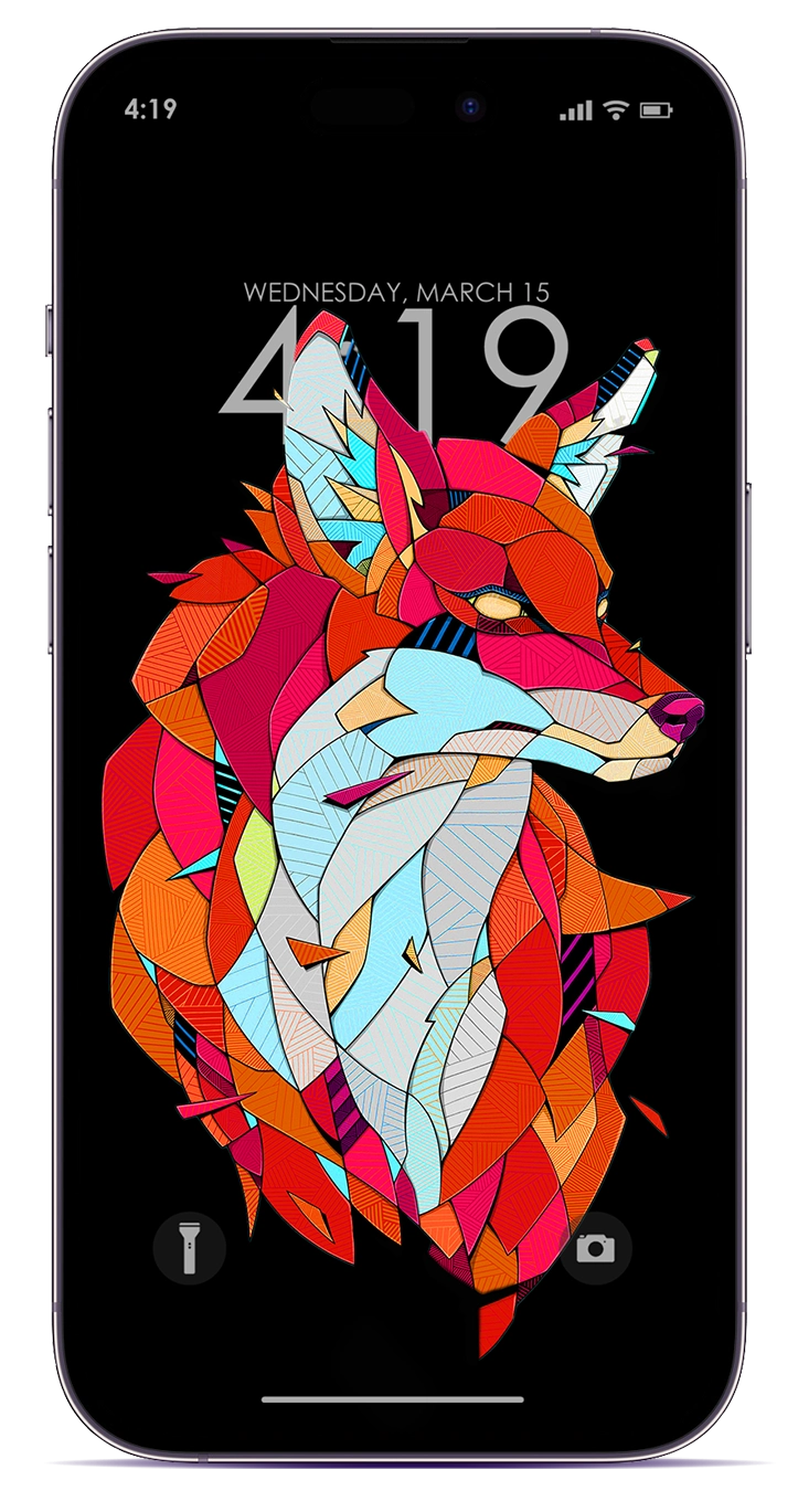 iphone 14 pro max mockup with a cool oled wallpaper of a wolf mosaic