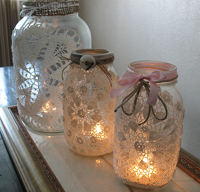 Craft Ideas  Glass Bottles on Burlap   Doily Luminaries  Rustic Meets Romance   Crafts By Amanda