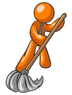 Mopping cleaning animated stick figure with tie.