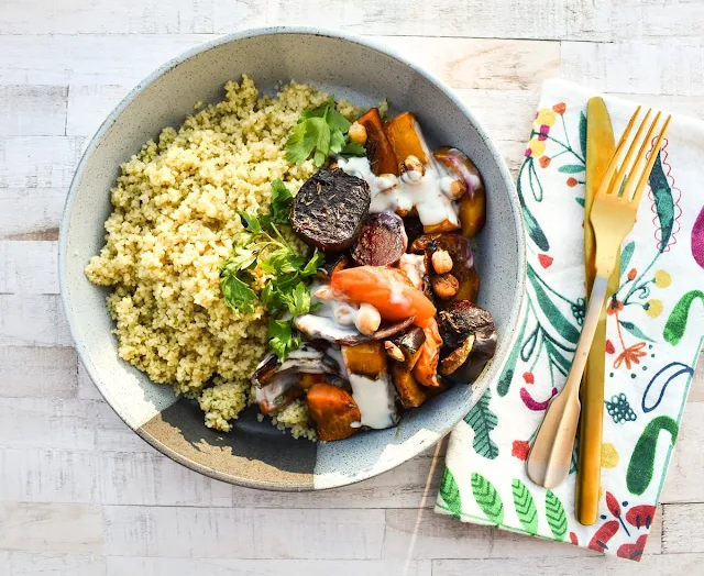 vegetable tagine traybake with chickpeas.