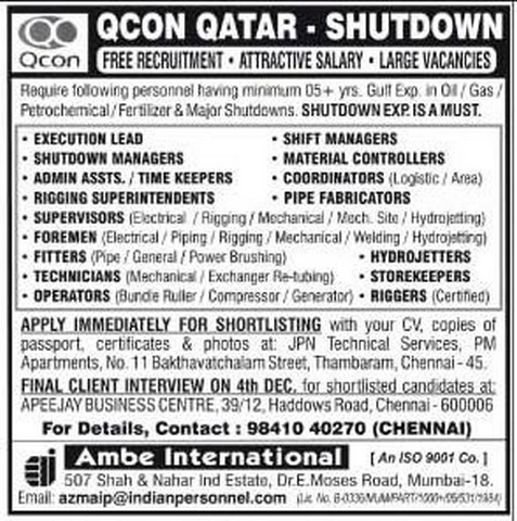 QCON Qatar shutdown Jobs - Free Recruitment