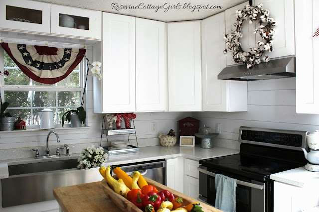 Shiplap, Farmhouse Sink, White Cabinets, Cotton Wreath, Country