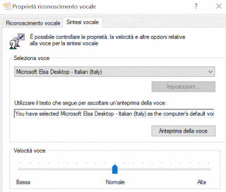 La finestra di dialogo Proprietà riconoscimento vocale in Windows 10