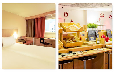 Fotos de um quarto e da sal de pequeno almoço do hotel Ibis com mesa de pães