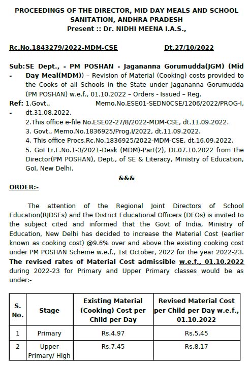 Jagananna Gorumudda(JGM) (Mid Day Meal(MDM)) – Revision of Material (Cooking) costs provided to the Cooks of all Schools in the State under Jagananna Gorumudda (PM POSHAN) w.e.f., 01.10.2022 – Orders