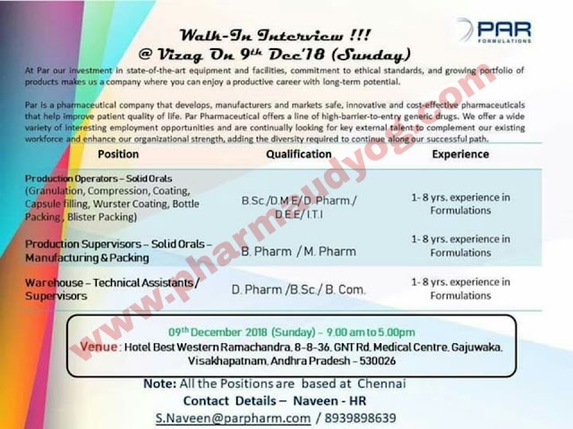 Par Pharmaceuticals | Walk-In for Production & Warehouse | 9th December 2018 | Vizag