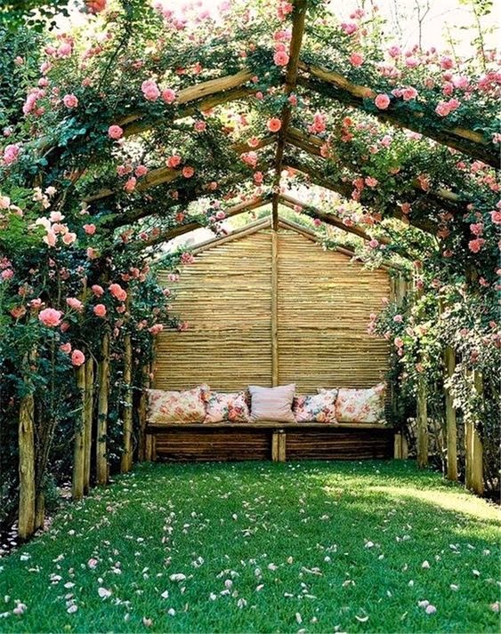 Image of Country garden with pergola, climbing rose, and swing