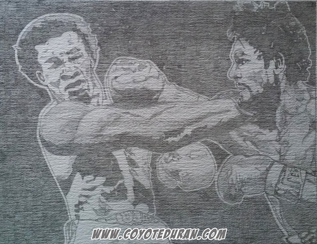 Roberto Duran vs Sugar Ray Leonard I: "The Brawl in Montreal." Graphite (2H) on cold press watercolor paper, prior to watercolor paint and ink, 10" X 13", art commission by Coyote Duran
