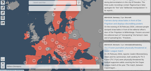 screenshot of Mapping Media Freedom's European map of alerts of threats to the media