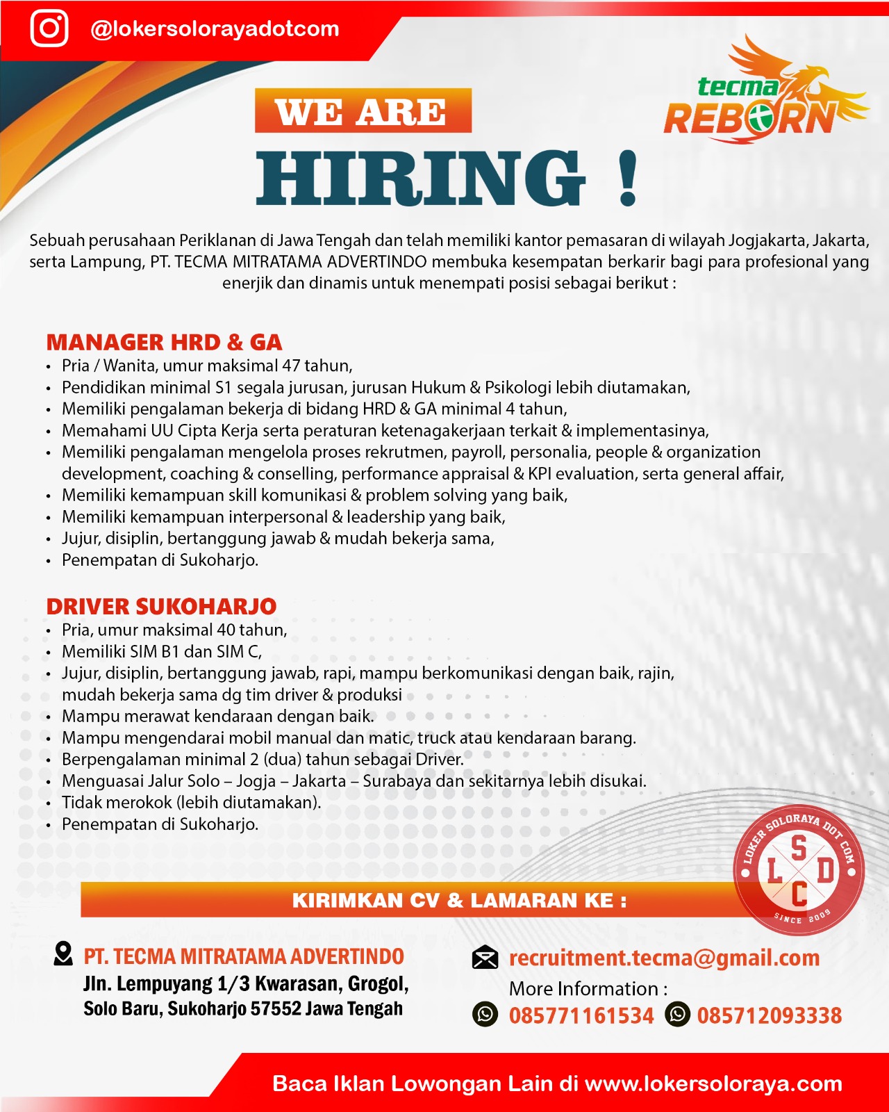 Loker Sukoharjo, Semarang, Jogja, Lampung di PT Tecma Mitratama Advertindo