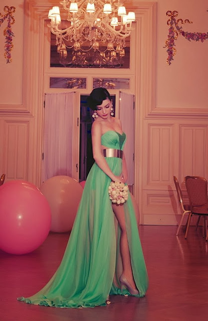 Sea Green Color Gown With Belt 