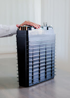 A rechargeable zinc-air battery made by Patrick Soon-Shiong’s company, NantEnergy. He says such batteries can store power at far less than the cost of lithium-ion counterparts. (Credit: Alex Welsh / New York Times) Click to Enlarge.