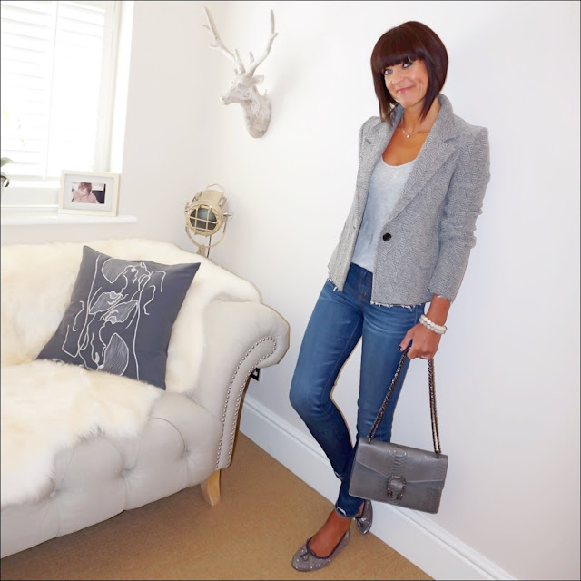 My midlife fashion, isabel marant etoile herringbone jacket, j crew vintage cotton tank tee, j crew skinny jeans, snake print grey shoulder bag, sparkly ballet pumps