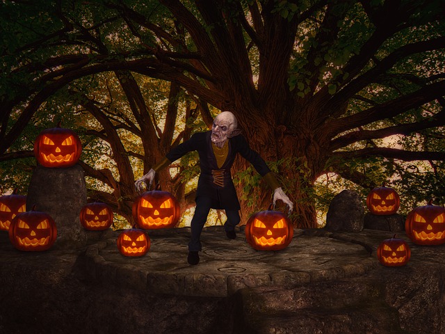 An old, ghoulish man surrounded by Jack-o-lanterns in a dark wood.