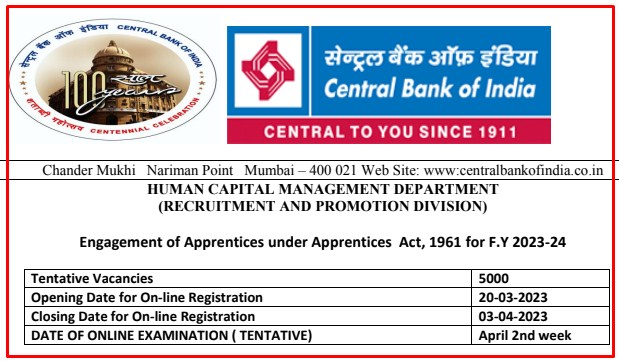 Central Bank Of India Recruitment 2023 For 5000 Apprentice Posts