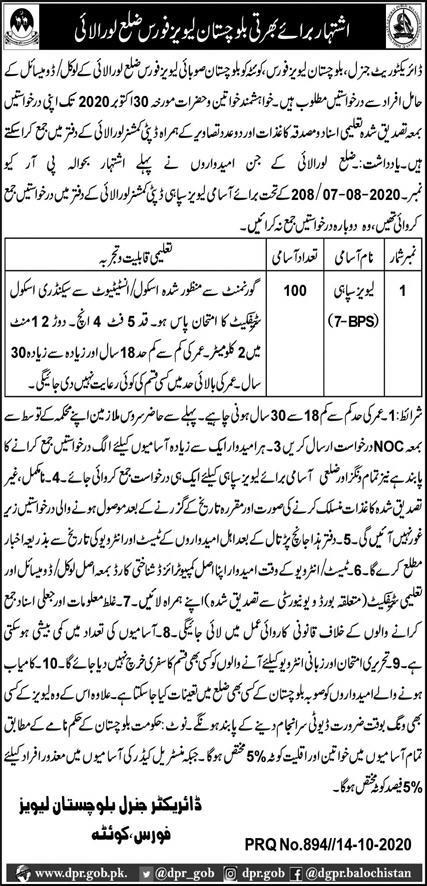 1000+Vacancy Balochistan Levies Force Jobs October 2020