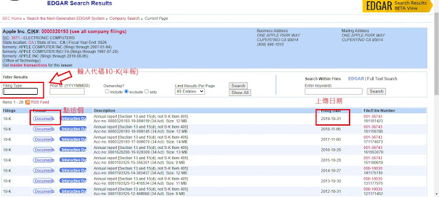 查詢美股財報:在File Type 輸入代碼以年報為例(10-K)