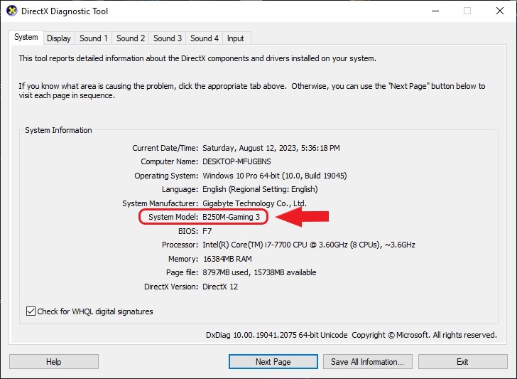 معرفة موديل المذربورد بدون برامج أداة DirectX Diagnostic Tool