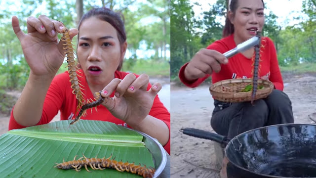 Mukbang centipede fried with chili sauce is very interested taste