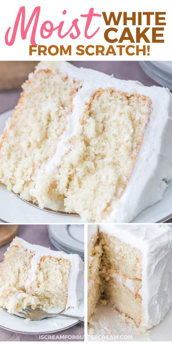 This super moist white cake recipe from scratch is the best white cake I've ever had. It's made with sour cream and has a deliciously soft texture. No more looking around for a white cake that's actually moist. It's the perfect recipe for a wedding cake or a birthday cake. #whitecake #cakerecipe #moistcake #baking #weddingcakerecipe