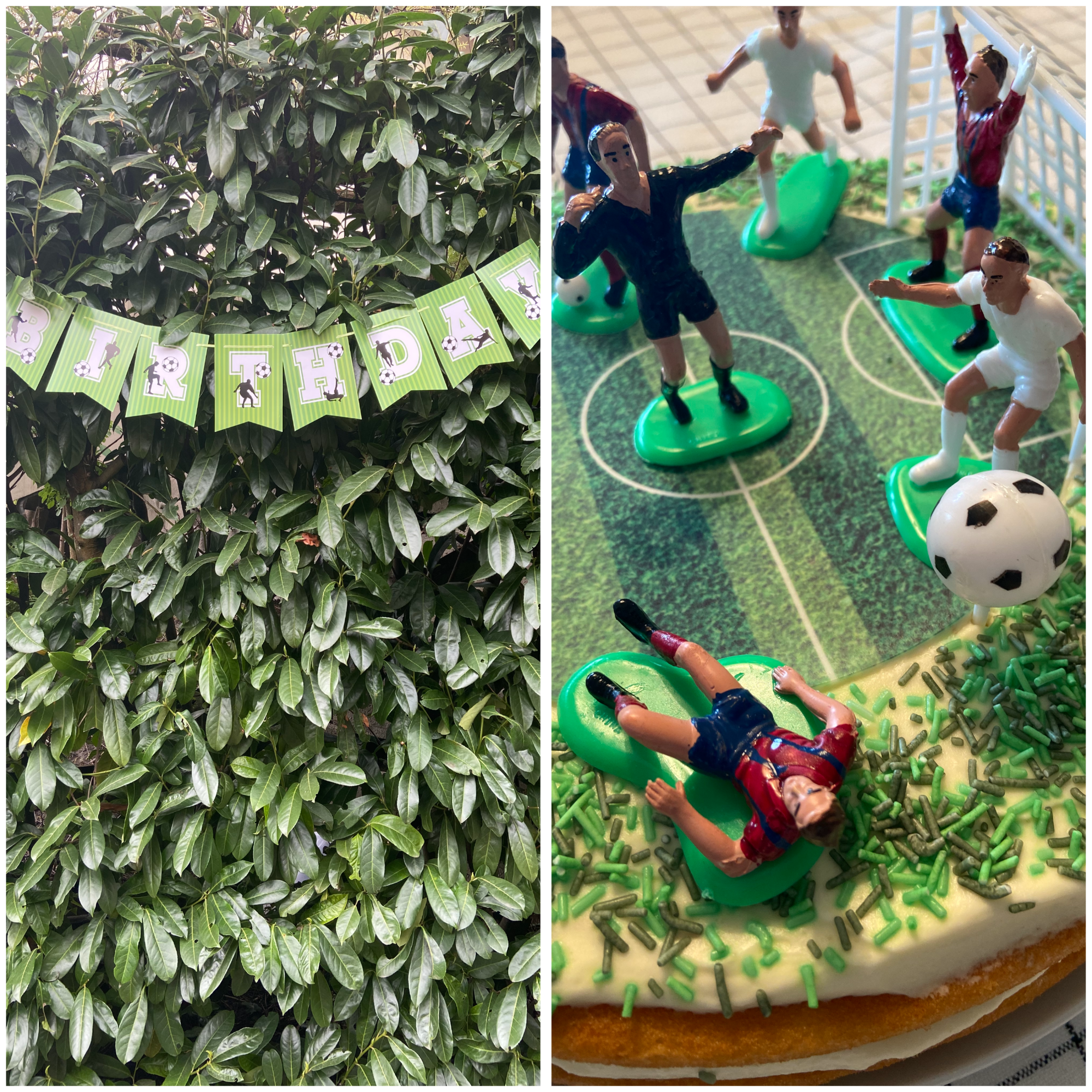 ποδοσφαιρικό πάρτυ γενεθλίων 7 ετών διακόσμηση κήπος σπιτική τούρτα παίκτες γήπεδο