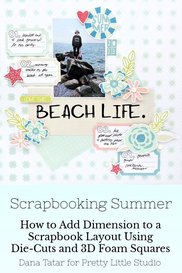 Beach life summer scrapbook layout with die-cut embellishments created with the new Hey Summer collection by Ashley Horton for Pretty Little Studio.