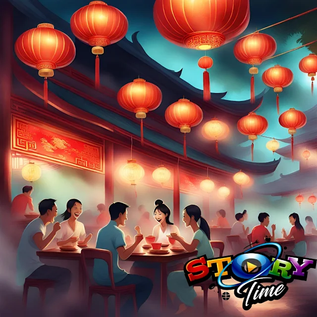 " Illustration of a chinese restaurant in Paramaribo. People are sitting at tables laughing and enjoying their food. In the restaurant red lanterns are hanging"