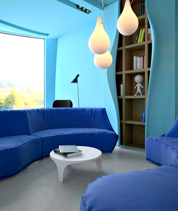 Blue Interior Decorating for Comfortable Modern Office Design