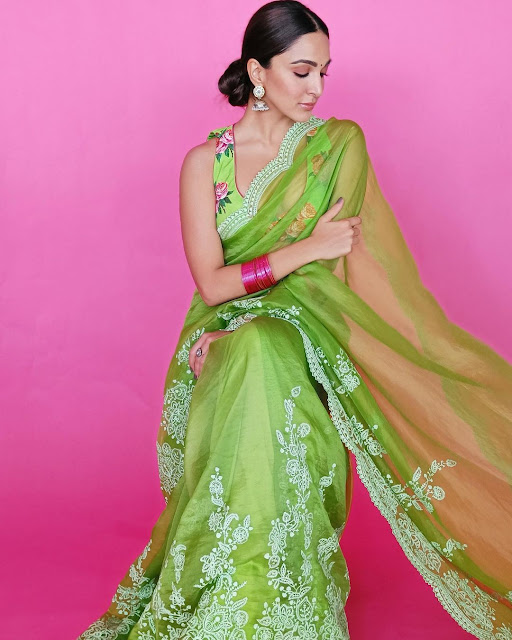 Kiara Advani in green organza saree.