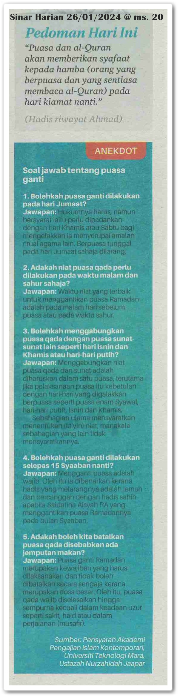 Usah culas ganti puasa ; Cara terbaik ganti puasa jika terlupa bilangan hari ditinggalkan - Keratan akhbar Sinar Harian 26 Januari 2024