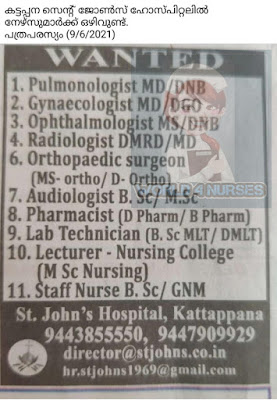 St. John's Hospital, Kattappana Staff Nurses & Other Post Recruitment
