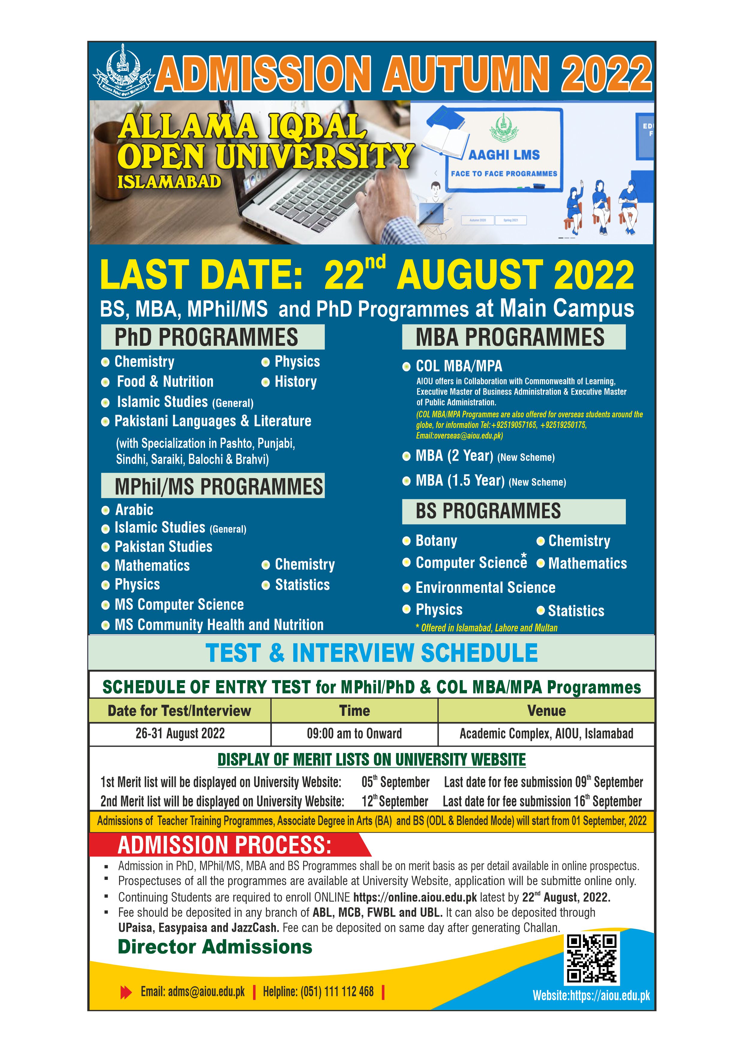 Admission Autumn 2022  BS/MBA/M.S/M.Phil/Ph.D (Face to Face) Programmes