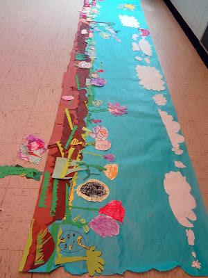 pollination art project, cut paper garden mural, spring science art project