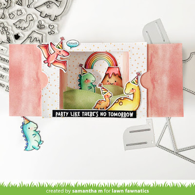 Dinosaur Ta-Da! Diorama Birthday Card by Samantha Mann for Lawn Fawn, Die Cutting, Dinos, Interactive Card, Card Making, Handmade Cards, Paper Crafts, #lawnfawn #lawnfawndies #diecutting #tada!diorama #diorama #dinosaurs #cardmaking #interactivecard