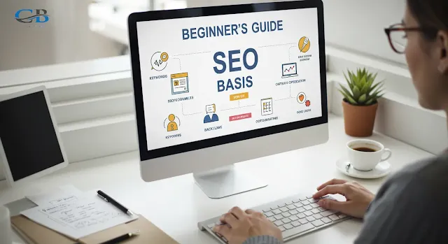 شخص مبتدئ يتعلم أساسيات تحسين محركات البحث للمبتدئين على شاشة كمبيوتر مع أيقونات SEO