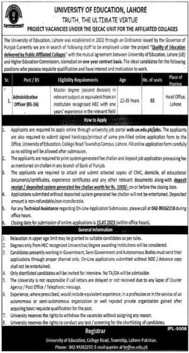 University Of Education Jobs in lahore 2023