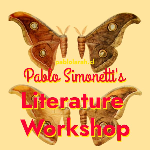 Red text with yellow shadows on light yellow background with butterflies: Pablo Simonetti's Literature Workshop