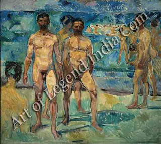 Bathing Men (1907-8), This painting forms the central panel in a triptych of bathers representing Youth, Manhood and Old Age, and shows man's harmony with nature. The light colouring and new subject matter reflect the artist's search for peace with life.  Photo detail 2345a2