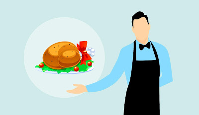 turkey, food, feast, meal, bird, seasonal, meat, chicken, butler, waiter, apron, catering, dinner, gesture, man, inviting, serve, service