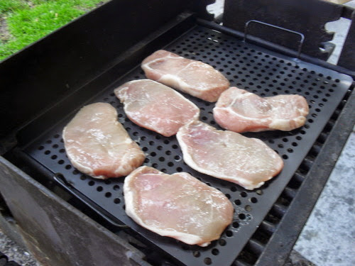 Barbecue grill with uncooked pork chops 