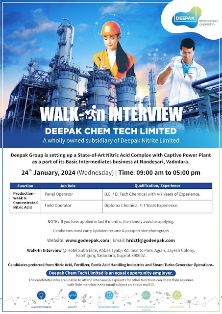 Deepak Chem Tech Limited Walk in Interview For BE/ BTech/ Diploma Chemical