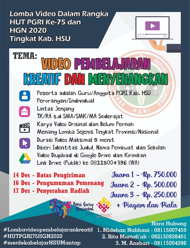 Kegiatan DRB 2020 Kalsel" Penilai Video Pembelajaran dalam Rangka  HUT PGRI ke 75 dan HGN  2020 TK. Kab. HSU