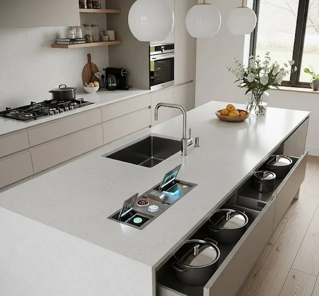White quartz kitchen island with built-in sink, pop-up outlets, and deep drawers for pots and pans