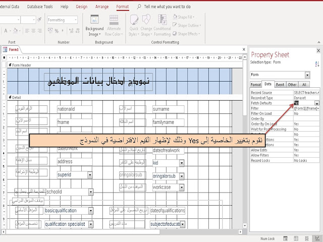 خصائص النموذج form properties في برنامج الاكسيس Ms access